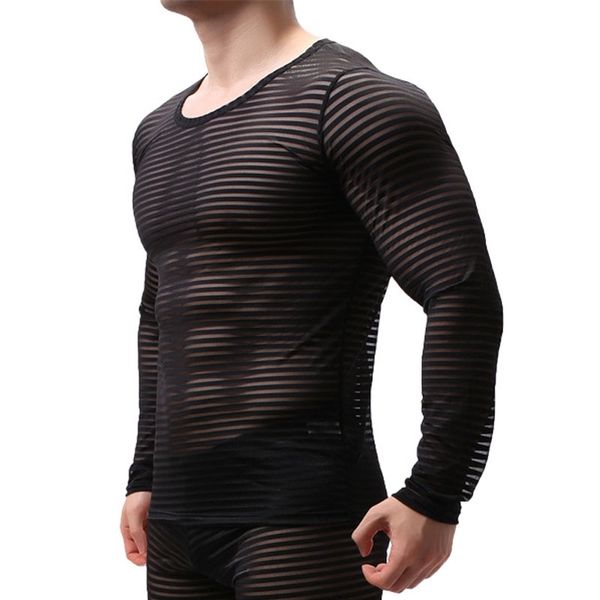 Sexy maille t-shirt hommes Transparent à manches longues voir à travers rayé sommeil sous-vêtements Muscle effectuer haut t-shirts vêtements de nuit 210629