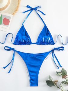 Sexy Metallic Halter Bikini Sets Lace Up Driehoek Tie Side Bikini Badpak Vrouwen Badmode Braziliaanse Vrouwelijke Badpakken 240109