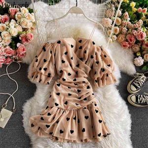 Sexy Mini Plissée Sirène Robe En Mousseline De Soie Femme Vintage Robe D'été Coeur Imprimer Mignon Kawaii Robes Robe De Mulher 210519