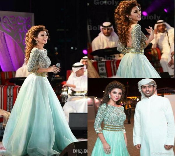 Sexy menthe verte arabe robes de bal sans dos et cristaux de taille en strass myriam tarifs robes formelles robes de concours