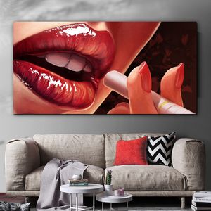 Póster de boca Sexy, pintura en lienzo, imágenes de fumar, decoración de pared del hogar, arte para sala de estar, retrato de labios rojos, carteles e impresiones