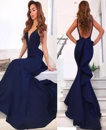 Sexy bleu marine dos nu sirène robes de bal volants col en V longue robe de soirée dos ouvert sans manches 2020 longueur de plancher robe de soirée6160469