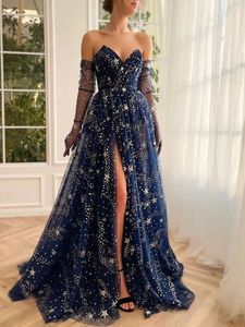 Robes de soirée sexy bleu marine chérie côté fendu longues robes de bal étincelles étoiles brillantes robe formelle sans longs gants