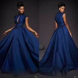 Sexy navy blue Evening Gowns jewel neck Sleeveless a line satin prom dresses 2019 with Appliqued Occasion Party Gowns