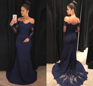 Sexy marineblauw formele prom jurken lange mouwen 2019 kant applique off the shoulder open rug avond feestjurk formele jurken op maat gemaakt