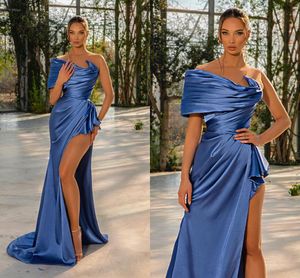 Sexy bleu marine sirène robes de bal longues pour les femmes une épaule haut côté fendu plis drapé robe de soirée formelle anniversaire reconstitution historique robe de soirée de célébrité