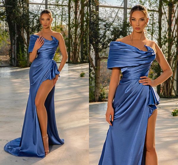 Sexy bleu marine sirène robes de bal longues pour les femmes une épaule haut côté fendu plis drapé robe de soirée formelle anniversaire reconstitution historique robe de soirée de célébrité