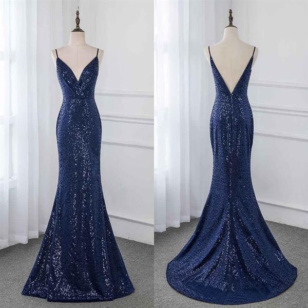 Vestidos de dama de honor azul marino sexy Escote en V profundo con correas Sin espalda Lentejuelas brillantes Sirena Fiesta de invitados de boda barata Vestido formal C264I