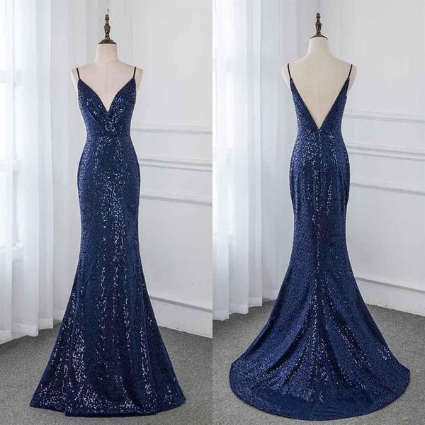 Robes de demoiselle d'honneur marine sexy col en V profond avec bretelles dos nu paillettes scintillantes sirène pas cher mariage invité fête bal robe formelle C307l