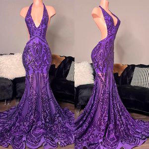 Vestidos de fiesta con cuello halter morado y sexy Apliques de encaje Vestido de noche con lentejuelas Vestido de fiesta formal sin mangas con tren largo hasta el suelo por encargo