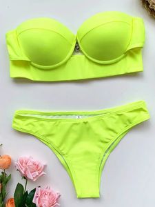 Sexy néon vert Push Up soutien-gorge coupe Bikini femmes Bandeau maillot de bain maillot de bain pour femme deux pièces Bikini ensemble maillot de bain brésilien nager 240109