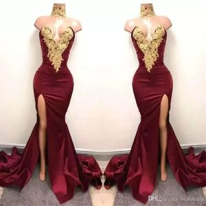 Sexy nieuwe Afrikaanse Bury Prom -jurken dragen zeemeermin gouden kanten appliqued front split k elegante formele avondfeestjurken