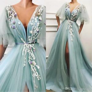 Sexy nieuwe geweldige salie prom-jurken A-lijn V-hals splitzijde TULLE SWEP Train Custom gemaakt avondjurken plus size robe de mariee Modest