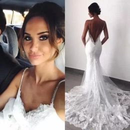 Vestidos de novia sexis con cuentas de encaje sin espalda 2019 tirantes finos capas de sirena apliques vestidos de novia bohemios hechos a medida