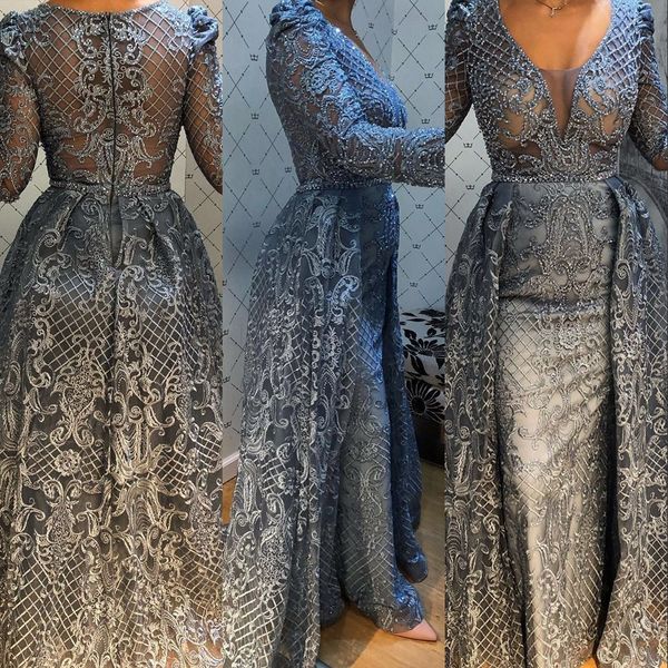 Sexy NUEVO GRIS DUBAI Arabic Mermaid Vestidos de graduación V Cuello mangas largas de encaje de encaje