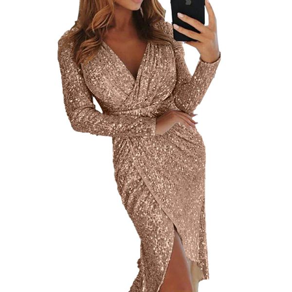 Sexy nouvelles robes de cocktail longueur genou 2019 col en V à manches longues courtes modestes pleines paillettes arabe robes de soirée de bal Cheap248n