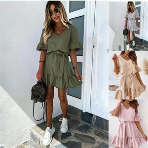 Sexy New Womens Beach Summer robe à volants unie avec manches courtes et volants robe robes de style de rue chemise jupe grande taille S-3062