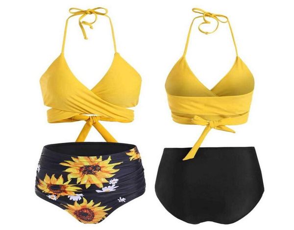 Sexy nuevo traje de baño para mujer Bikini estampado girasol verano señoras pecho copa lazo cinturón tamaño MXL3666645