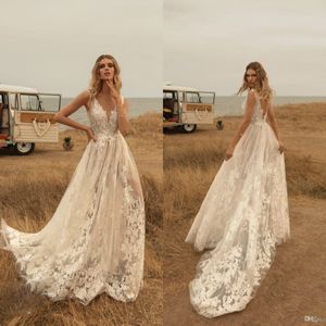 Sexy nieuwste jurken V-hals Kant Geappliceerde Bruidsjurk Boho Land Een Lijn Trouwjurk Robes De Marie
