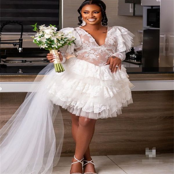 Sexy Nigeria vestido de novia corto 2024 V cuello de encaje de manga larga civil Boho Beach vestido de novia con gradas sudafricano bohemio país Lacefull vestidos de novia