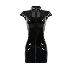 Nuisette Sexy col haut PVC Latex Faux cuir fétiche gothique fermeture éclair femme Mini à lacets Clubwear noir robe crayon 3212