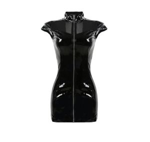 Sexy nachtelijke hoge kraag PVC latex lederen lederen fetisj gotische ritsvrouw Mini Lace Up Clubwear Black Pencil Dress6468673