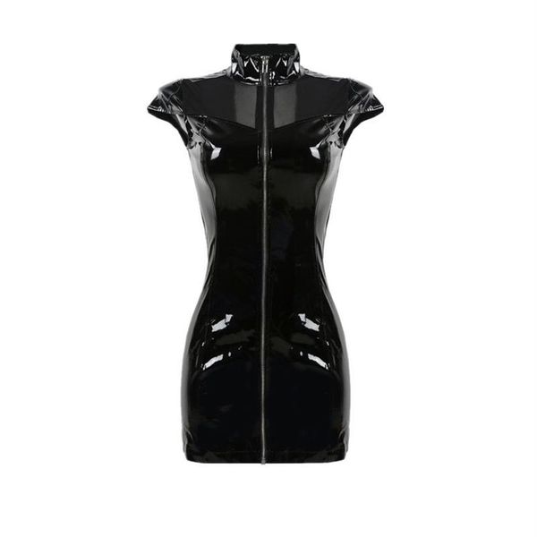 Nuisette Sexy col haut PVC Latex Faux cuir fétiche gothique fermeture éclair femme Mini à lacets Clubwear noir robe crayon 2526