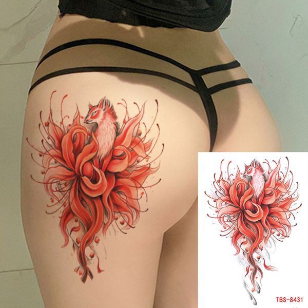 Sexy renard à neuf queues Manjusaka imperméable faux autocollants de tatouage pour les femmes dos transfert d'eau temporaire Tattos fête décalcomanie