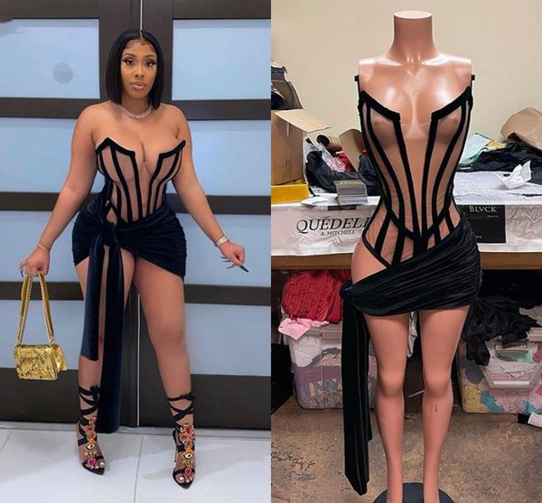 Robes de cocktail de soirée Sexy Nude sans manches sur mesure fille africaine velours noir aso ebi robes courtes Mini Pom 2022 fête d'anniversaire