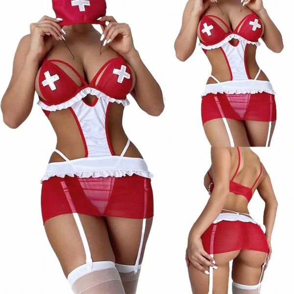 Sexy Infirmière Lingerie Costume Cosplay Costume Femmes Sexy Sous-Vêtements Lingerie Costume Rouge Blanc G-String Body A21y #
