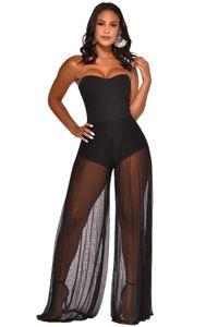 Body sexy à épaules dénudées avec un pantalon en maille transparente Combinaison femme élégante sans bretelles Voir à travers Bodycon Club Wear Barboteuses Salopette T200303