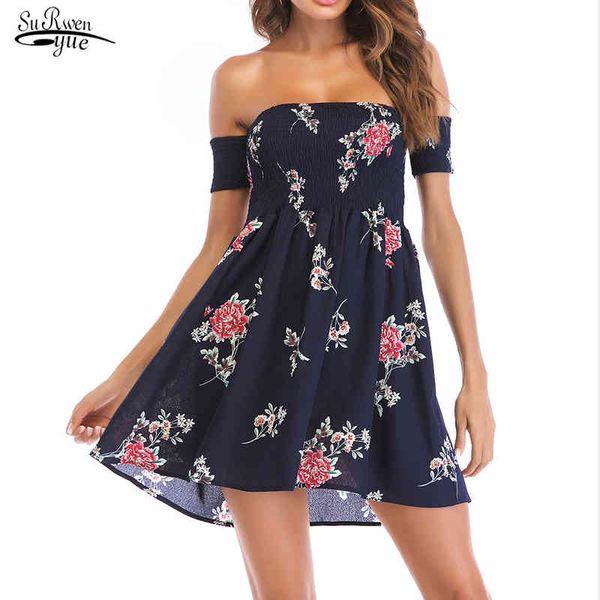 Sexy Off Épaule Robes Summer Night Party Mode Imprimer Bord de mer Vacances en mousseline de soie Femmes Robe Femme 14132 210508