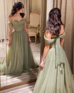 Vestido de noche con cuentas verdes y hombros descubiertos para mujer, vestido de fiesta Formal de tren de barrido Aline de lujo para invitados de boda, 240401