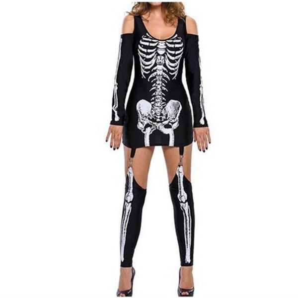 Costume effrayant d'halloween pour femmes, épaules dénudées, Mini robe avec impression de squelette et de crâne, mascarade de fête, Costume de Cosplay fantôme foncé