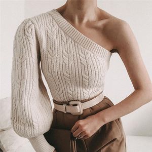 Sexy Off Shoulder Gebreide Sweater Dames Jumper Lente en Herfst Pullover Lange Mouwen Knitwear Vrouwelijke Streetwear 210430