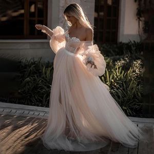 Sexy Off épaule en dentelle Applique Robe de mariée de plage Boho Manches gonflées Bridal Bridal Sans manches
