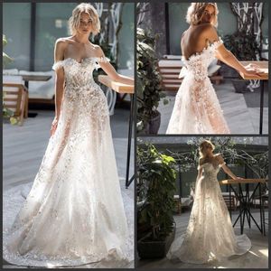 Sexy off schouder kant trouwjurken 3D geappliceerd backless boho bruiloft bruidsjurken een lijn Boheemse strand trouwjurk abiti da sposa