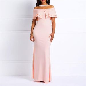 Sexy Off Schouder Zeemeermin Jurk Vrouwen Hoge Taille Ruches Slash Hals Prom Avond Vloerlengte Roze Zoete Elegante Bodycon jurken M262v