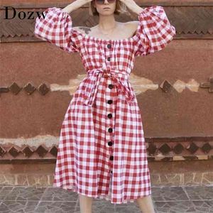 Sexy Off Shoulder Plaid Jurk Zomer Lantaarn Mouw Chic Midi Es Single Breasted Bandage Party Ropa de Mujer 210515