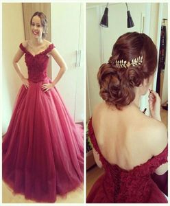 Sexy Off Shoulder Prom Dress 2016 Vestidos de fiesta Party Tul Applique Sweing Train Vestido de Festa Burgundy Gown5139996