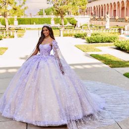 Sexy Off-shoulder Quinceanera Jurk Ruches met Applicaties Kant Met Cape Sweep Trein Baljurk Sweet 16 Vestidos De 15 Fiesta