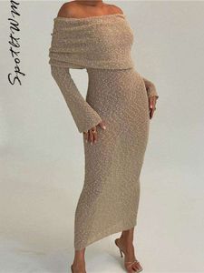 Robe longue transparente en tricot pour femmes, épaules dénudées, Sexy, Slim, manches Chic, taille haute, mode dame, Robes de soirée