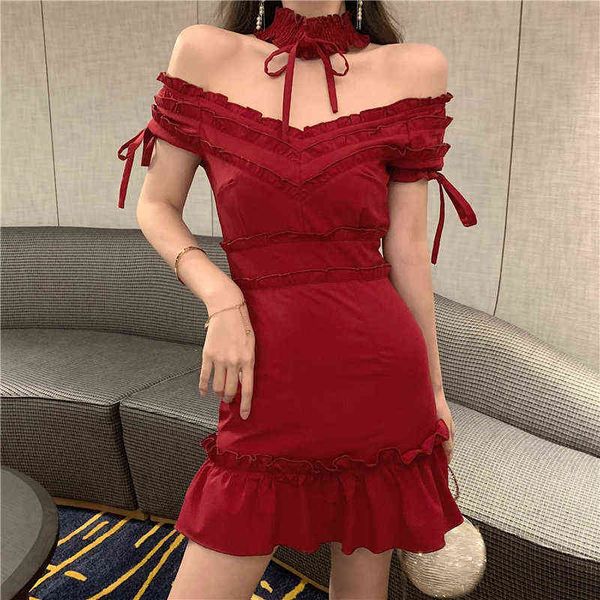 Sexy hors épaule smockée robe moulante femmes licou cou volants Mini robes rouges dames courte fête Club robe Vestidos Y1204