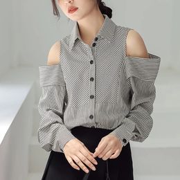 Sexy off schouder gestreepte blouse vrouwen mode streetwear losse shirts tops Koreaanse stijl casual kleding 240407