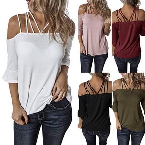 Sexy Off épaule T-shirt femmes T-shirt Tee Casual Flare Sleeve Slash Neck Loose Shirt Mode Femme Vêtements Mince Blanc Tops 220511