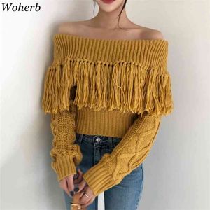 Sexy Off Shoulder Tassel Trui Vrouwen Losse Lange Mouwen Twist Gebreide Pullovers Vintage Koreaanse Crop Sweaters Jumper 210519