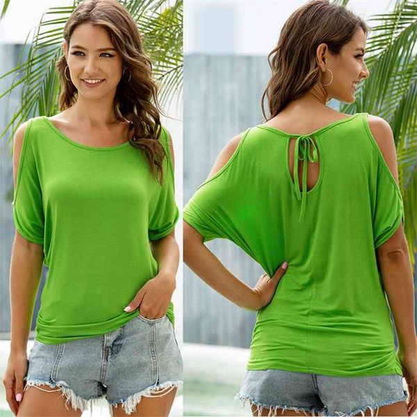 Camiseta sexy con hombros descubiertos para mujer, camiseta informal de verano con cordones en la espalda, camisetas de talla grande con cuello redondo y mangas cortas, camisetas holgadas verdes y rojas 210522