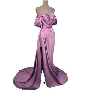 Sexy hors de l'épaule haute fente robes de soirée Satin longue robe de bal arabe célébrité formelle robe de soirée robes