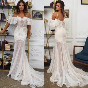 Sexy hors de l'épaule sirène robes de mariée Boho luxe cristal perlé bretelles spaghetti balayage train dentelle robe de mariée robe de3371