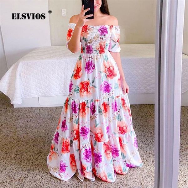 Sexy fuera del hombro tubo vestido superior mariposa arco iris estampado floral vestido damas elegante delgado verano bohemio fiesta maxi vestidos 220601